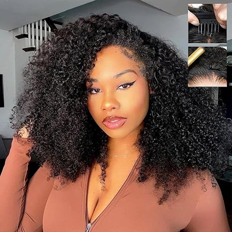 Fuduete 16 Inch Kinky Curly Half Wig Human Hair 200% Density Glueless 3 IN 1 Design with Drawstring & Seamless Clip Ins, Flip Over No Glue No Lace Protective Hairstyle for Black Women skincare