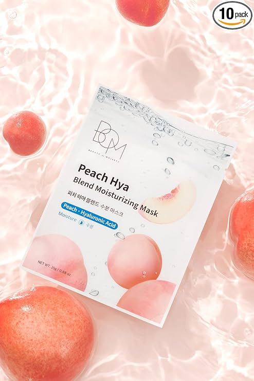 BOM BOM Peach Hya Blend Moisturizing Mask 10ea, Korean Eumseong Peach Extract Face Mask, 5 types of Hyaluronic Acid and Cica, Non Drying Moisturizing Essence, Jelly Sheet, Vegan, Korean Skincare Essence