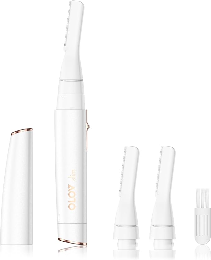 OLOV slim Facial Hair Removal for Women, Painless Eyebrow Trimmer with Pivoting Head, Electric Battery Operated Body Hair Remover with 2 Replaceable Blade for Face Neck Chin Bikini, White skincare