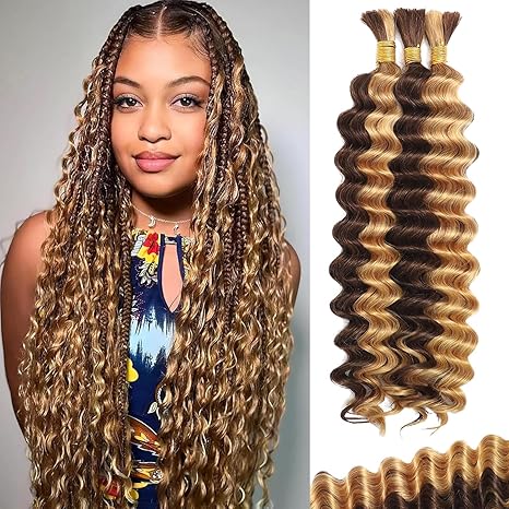 BIZVUS 22inch Human Braiding Hair for Boho Braids 110g Deep Wave Boho Bulk Human Hair for Braiding Knotless 12A Wet and Wavy Bulk Bohemian Curly 3 Bundles/Pack #4/27 Ombre Balayage Color skincare