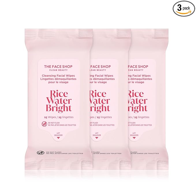 The Face Shop THE FACE SHOP X GLAMZILLA Rice Water Bright Cleansing Wipes On-the-Go Bundle for Face, Moisturizing, Infused with Rice Extract, Cleansing Facial Wipes, 25 Count (Pack of 3) Korean Moisturiser