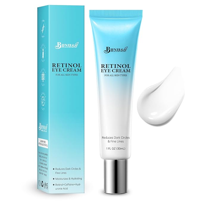 BUNUSS Retinol Eye Cream - Eye Cream for Dark Circles, Puffiness, Anti Aging, with Peptides, Caffeine, Hyaluronic Acid, Reduces Bags, Dark Circles Under Eye Treatment, Smooths Wrinkles & Fine Lines, 1 fl. oz Eye Cream