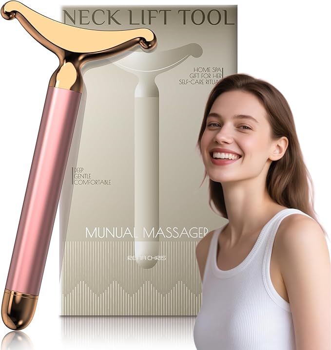 Rena Chris Facial Massager & Neck Lifter, Lymphatic Drainage Depuffer, Jawline Sculpting Tool, Under-Eye Care, Ergonomic Weighted Metal, at-Home Spa Results Exfoliator