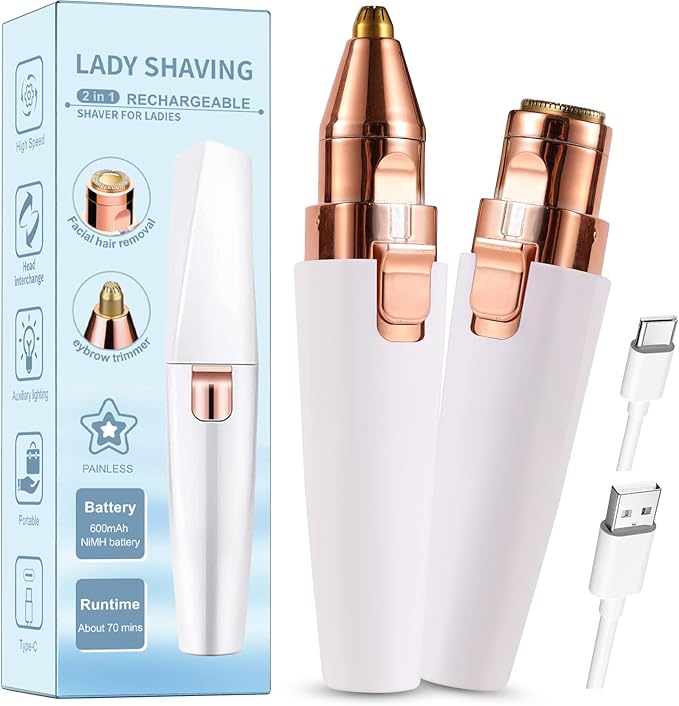 Kroaya Facial Hair Removal for Women,2 in 1 Electric Hair Removal Device for Chin Upper Lip Peach Fuzz & Rechargeable Eyebrow Trimmer with LED Light for Precise Shaping skincare