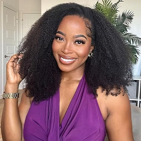 BGM GIRL BGM GIRL Half Wig Human Hair Kinky Curly 3 in 1 Wigs Beginner Friendly Flip Over Drawstring Glueless Wig Kinky Curly Ready to Go Seamless Clip in Wigs Natural Black Color 16 Inch skincare