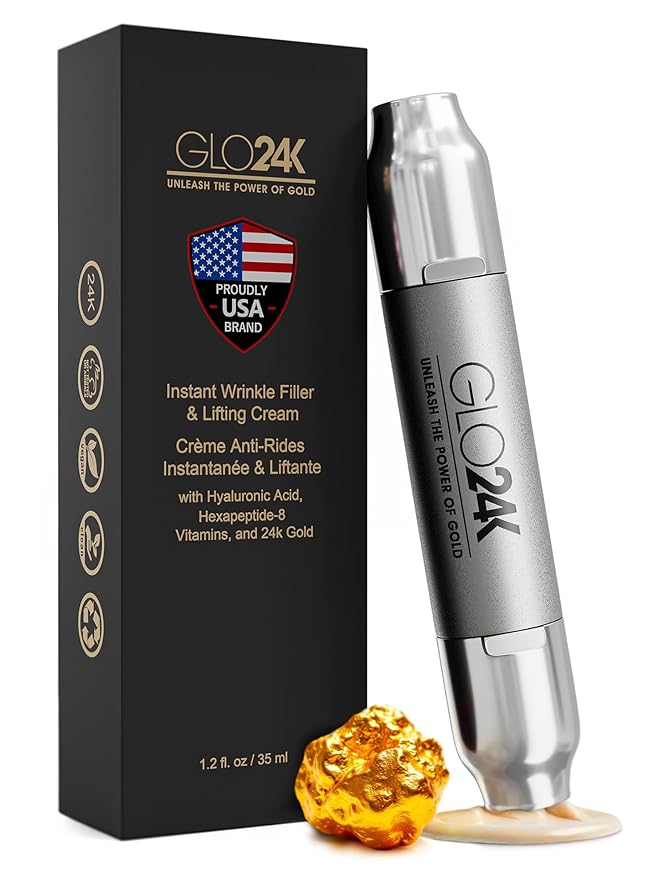 GLO24K UNLEASH THE POWER OF GOLD GLO24K Instant Wrinkle Filler for Face, XL Lifting Cream for Eye and Face, Lift and Tightening Non-Invasive with Hyaluronic Acid, 24k Gold, Peptides and Vitamins for Youthful Appearance, 1.2 fl oz Moisturiser