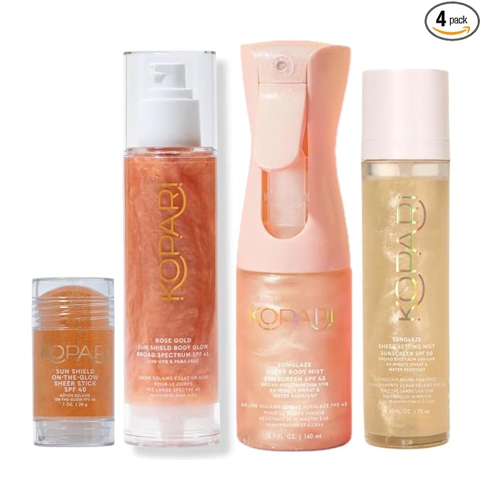 Kopari Kopari Summer Shield SPF Vault - Includes Rose Gold Sun Shield Body Glow SPF 45, Rose Gold Sunglaze Sheer Body Mist SPF 42, Sunglaze Sheer Setting Mist SPF 50, Sun Shield On-The-Glow Sheer Stick SPF 4 Sunscreen