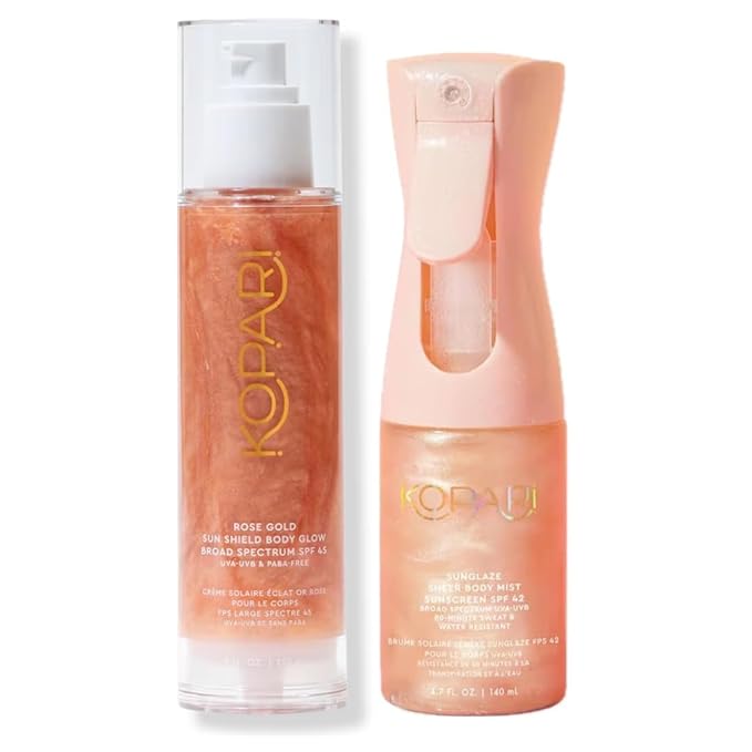 Kopari Kopari Sun Shield Body Glow Broad Spectrum SPF 45 in Rose Gold & Rose Gold Sunglaze Sheer Body Mist Sunscreen SPF 42 Sunscreen