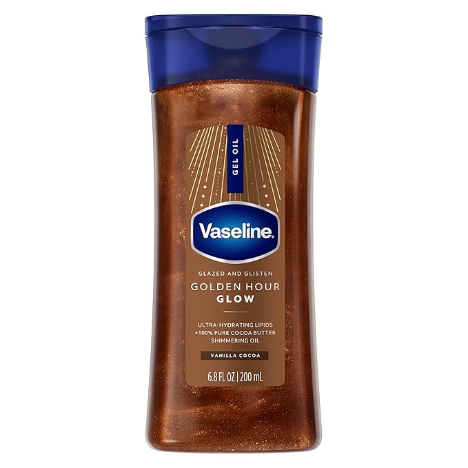 Vaseline Vaseline Glazed and Glisten Golden Hour Body Gel Oil Glow Vanilla Cocoa Shimmering with Ultra-Hydrating Lipids and 100% Pure Cocoa Butter, 6.8 Oz skincare