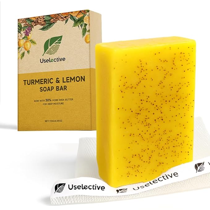 Uselective Lemon & Turmeric Glow Soap Bar for Dark Spots Remover, Powered by Kojic Acid & Vitamin C for Brightening & Fading Acne Scars - 3x Moisturizing with Shea Butter - SLS Free Moisturiser