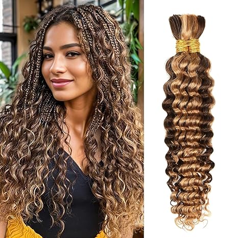 Flynsion Human Braiding Hair for Boho Braids Deep Water Wave Bulk Human Hair 110g 24 Inch Curly Boho Hair for Braiding Knotless 2 Bundles/Pack 12A Brazilian Virgin Ombre Balayage 4/27 skincare