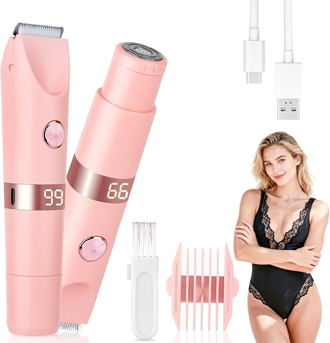 Beanify 2-in-1 Electric Shaver & Bikini Trimmer with LED Display for Women & Men，IPX7 Waterproof Wet/Dry Electric Razor with Dual Head, Rechargeable Painless Body & Facial Hair Remover (Pink) skincare
