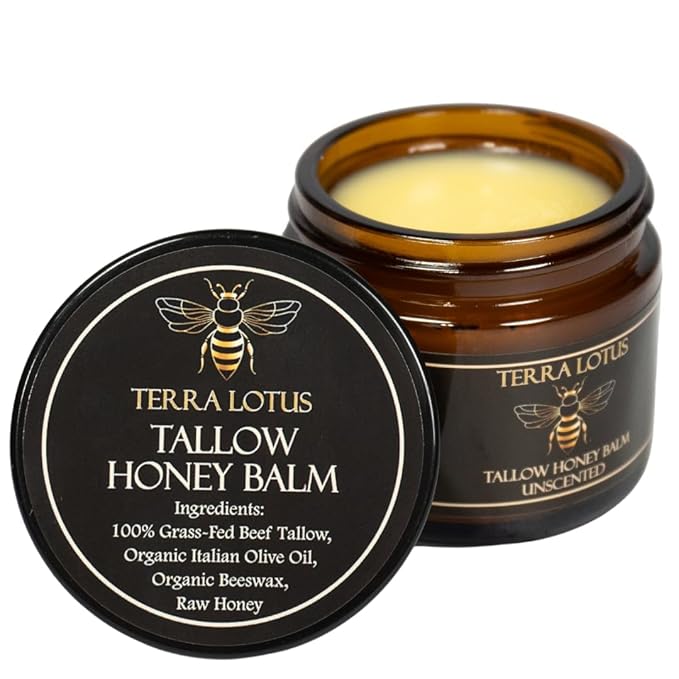 Terra Lotus Organic Grass-Fed Beef Tallow Balm with Raw Honey - Moisturizing Cream for Soft, Smooth Skin - Handmade All-Natural Moisturizer (2 Oz, Unscented) Moisturiser
