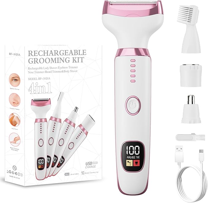 RUIBO Electric Razor for Women, 4-in-1 Bikini Trimmer & Body Shaver for Nose Hair Face Eyebrow Arms Legs Armpit Underarm Pubic Area, Rechargeable Wet/Dry Painless Hair Removal skincare