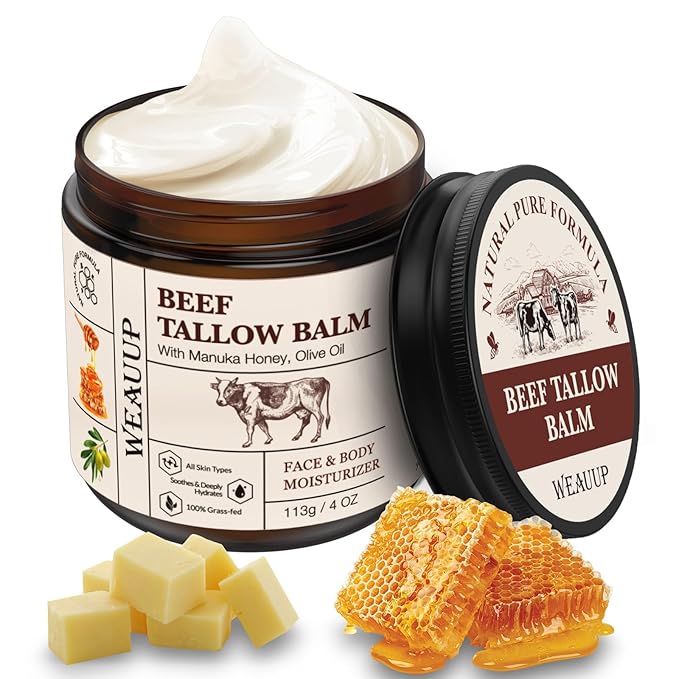 WEAUUP Beef Tallow for Skin, Organic Grass Fed Whipped Beef Tallow Balm, Tallow and Honey Balm with Raw Honey and Beeswax, Nourishing Moisturizer for Face & Body Natural Skin Care for Soft Moisturiser