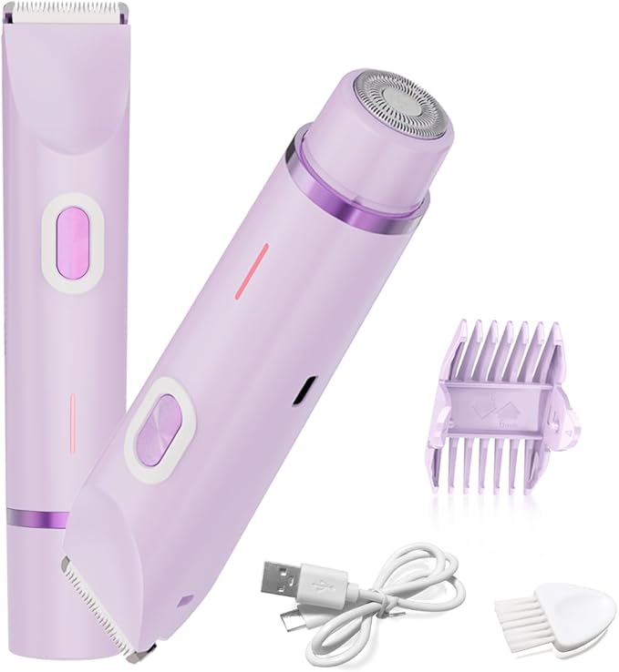 QLWQ Bikini Trimmer for Women,2-in-1 Electric Razors for Womens with Painless Ceramic Blades,Waterproof Wet & Dry Use,Rechargeable Dual Head Electric Shaver for Pubic Legs Underarm Face Hairs& Body skincare