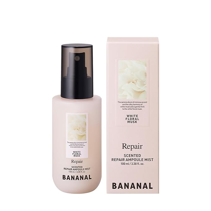 BANANAL Korean Scented Hair Serum Mist – Argan Oil & Silk Protein Ampoule for Nourishing, Frizz Control, Damaged Repair & Glass Hair Shine – White Floral Musk, 100ml / 3.38 fl oz Serum