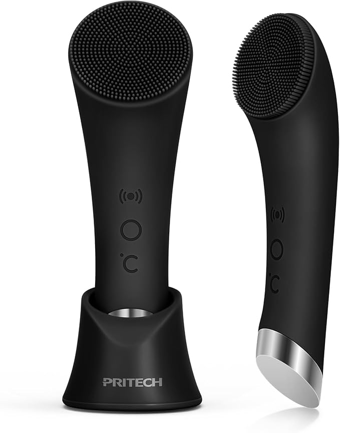 PRITECH PRITECH Facial Cleansing Brush, Rechargeable Silicone Face Scrubber with Heat Massage End, Vibrating Exfoliator Scrubber for Deep Cleaning, Waterproof Face Brush for Women and Men (Black) Exfoliator