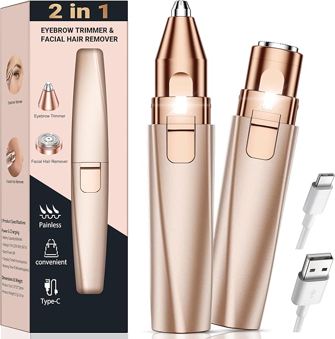 bissuuy Eyebrow Trimmer Facial Hair Removal for Women: 2 in 1 Rechargeable Face Shaver and Eyebrow Razor - Painless Electric Hair Remover Device for Peach Fuzz Fine Hairs Upper Lip Chin skincare