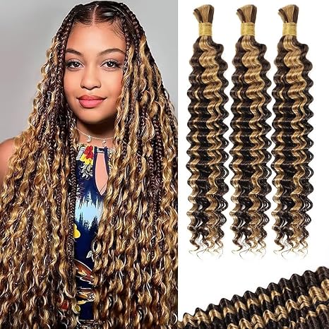 SUNNGIRL 100g 3 Bundles/Pack Ombre Highlight Human Braiding Hair for Boho Braids 20 Inch Curly Boho Hair for Braiding Knotless 12A Deep Wave Bulk Bohemian Color P4/27 skincare