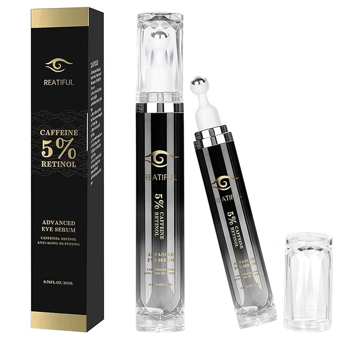REATIFUL 5% Caffeine & Retinol Eye Cream,Under Eye Cream for Dark Circles,Puffiness Puffy Bags and Wrinkles Fine Lines,Anti-Aging Eyes Serum with 360°Roller Massage Ball for Men & Women (1) Serum