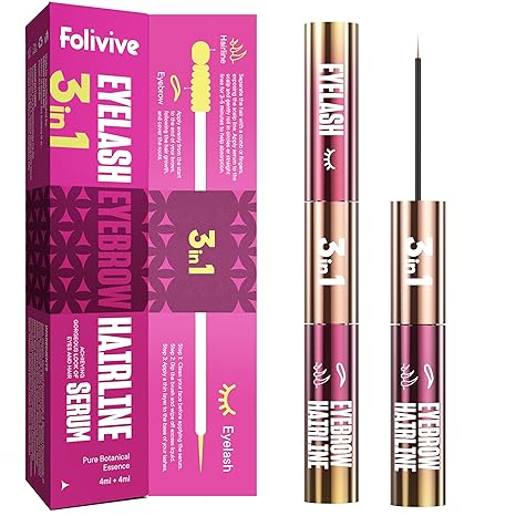 Folivive 3-in-1 Lash, Brow & Hairline Growth Serum – Eyelash & Eyebrow Growth Serum for Thicker Lashes, Fuller Brows & Hairline Boost – Natural Lash Enhancer for Women & Men – Vegan, Cruelty-Free(8ml) Serum