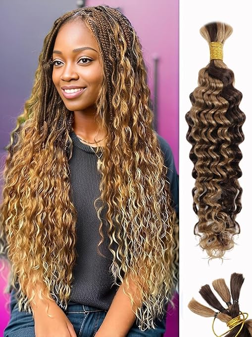 LOLLY HAIR 12A P4/27 Ombre Brown Blonde Human Braiding Hair for Boho Braids 1 Bundle 18 Inch 50g Deep Wave Braiding Hair for Bohemian Knotless Braids 100% Unprocessed Virgin Bulk Hair Extensions No Weft skincare