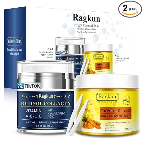 Ragkun Retinol Cream for Face, Collagen Neck Creams for Tightening and Firming, Anti Aging Day & Night Facial Moisturizer for Women & Men, Instant Face Lift Wrinkle Cream 1.7 fl. oz with Turmeric Acid Pads Toner