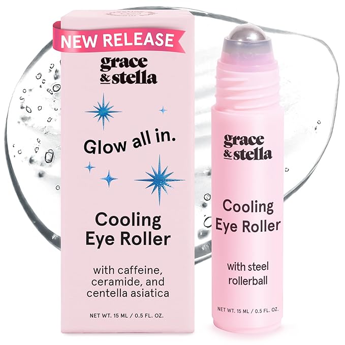 grace & stella Under Eye Brightener with Cooling Metal Rollerball, Ceramide & Caffeine Eye Serum, Travel Size