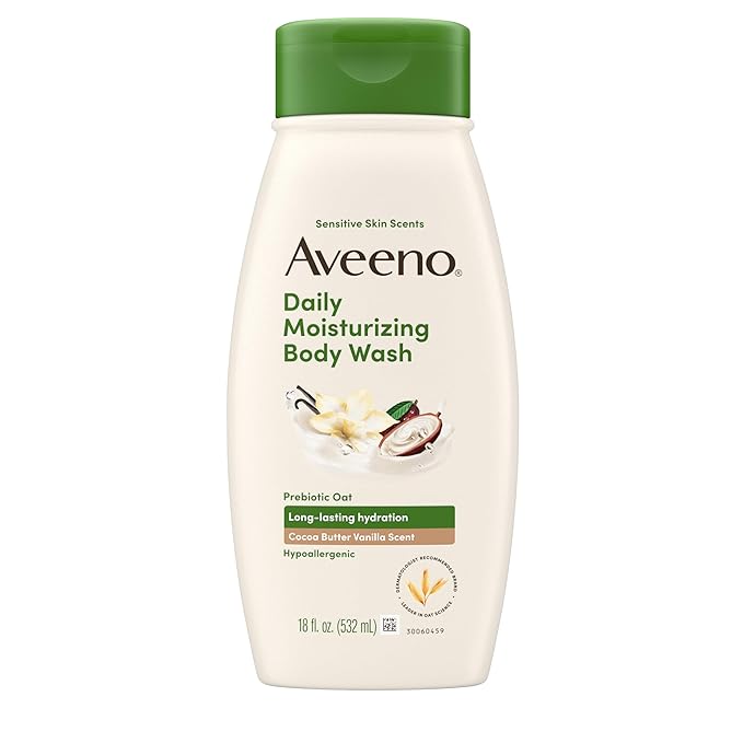 Aveeno Aveeno Daily Moisturizing Body Wash with A Cocoa Butter Vanilla Scent & Soothing Prebiotic Oat, Provides Long-Lasting Hydration for Sensitive Skin, Hypoallergenic, Paraben-Free, 18 fl. oz Moisturiser