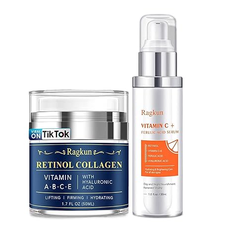 Ragkun Retinol Cream for Face, Collagen Neck Creams for Tightening and Firming, Anti Aging Day & Night Facial Moisturizer for Women & Men, Instant Face Lift Wrinkle Cream 1.7 fl. oz with Vitamin C Serum Serum
