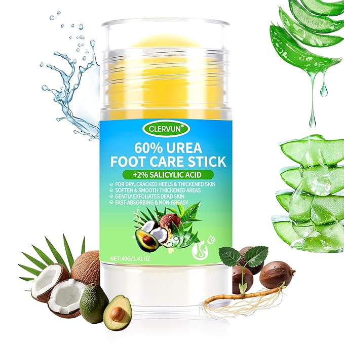 CLERVUN Urea Cream 60% plus Salicylic Acid 2% Urea Foot Care Stick, Foot Cream for Foot Callus Remover, Feet Moisturizer Stick, Foot Balm Stick for Dry Cracked Heels, Hands, Knees, Hydrating Heel Balm Moisturiser