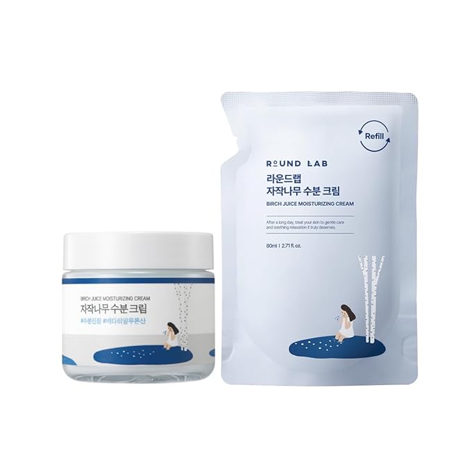 ROUND LAB ROUND LAB Birch Juice Moisturizing Cream 2.7 Fl Oz 1+1 Refill Included Set, 48-Hour Hydrating Face Moisturizer with Vita Hyaluronic Acid, Gentle on Acne-Prone and Sensitive Skin, Korean Skin Care Korean Moisturiser