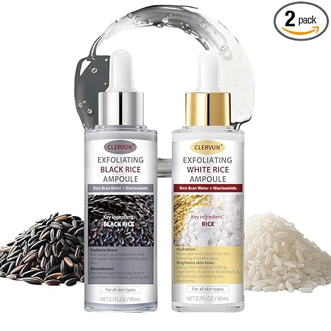 CLERVUN Rice Exfoliant - Black Rice Peeling Glow Ampoule - 2 PCS Peel Shot Glow Rice Ampoule Duo, Skin Peel & Hydration Shot for Face and Body, Exfoliating Serum for All Skin Types, 80ml Exfoliator