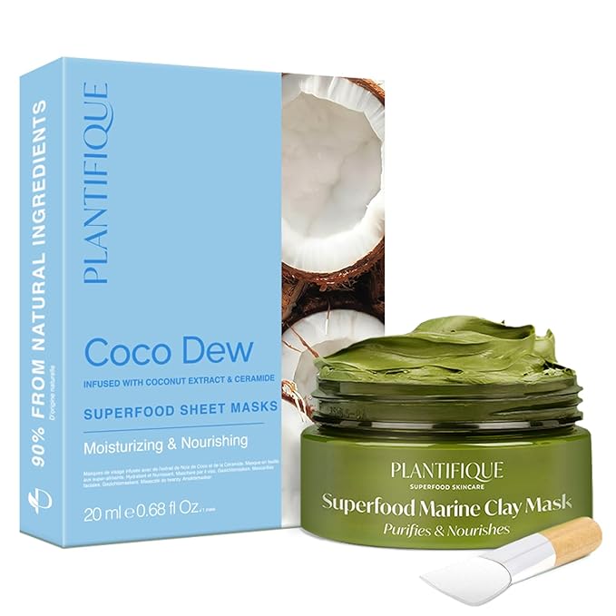 PLANTIFIQUE PLANTIFIQUE Facial Sheet Mask Coco Dew 5 Pack – Moisturizing Face Mask with Coconut and Korean Skincare Clay Mask – Hydrating Mud Mask with Avocado & Superfoods Sheet Mask