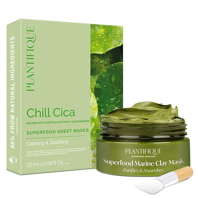 PLANTIFIQUE PLANTIFIQUE Facial Sheet Mask Chill Cica 5 Pack – Calming & Soothing and Korean Skincare Clay Mask – Hydrating Mud Mask with Avocado & Superfoods Sheet Mask