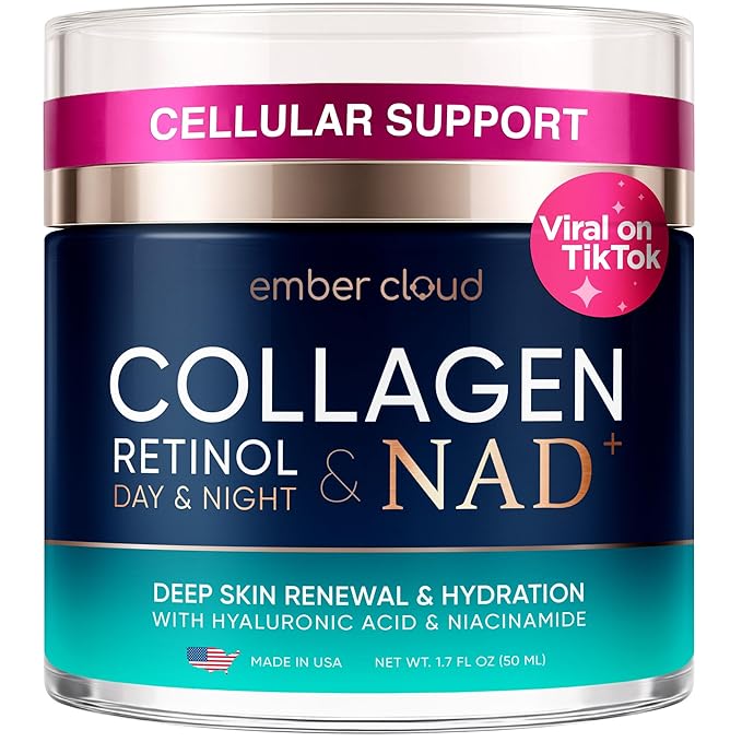 Ember Cloud Collagen NAD+ Cream for Face Retinol Hyaluronic Acid Niacinamide for All Skin Types - Anti-Aging Face Moisturizer with Airless Pump - Day & Night Cream for Wrinkles - Made in USA 1.7 Oz Moisturiser