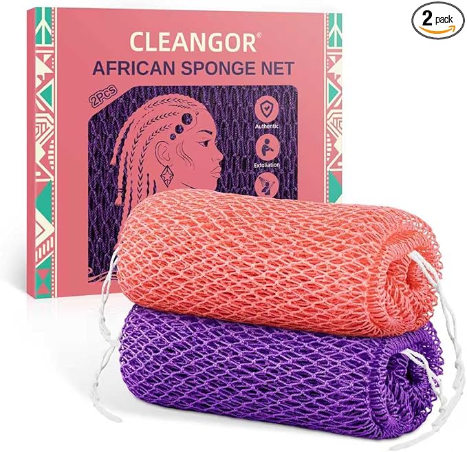CLEANGOR 2Pcs African Net Sponge Authentic with Knots - Exfoliating Body Scrubber for All Skin Types, African Bath Sponge, Wash Cloth, Gentle Exfoliation Shower Rag for Women Daily Use(Pink & Purple) Korean face wash