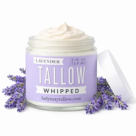 Lady May Tallow Whipped Tallow 2oz - All Natural Face Cream + Whole Body Moisturizer for Dry Skin - Made With Scented Oil Blend - No Preservatives, Parabens or Seed Oils - USA Made (Lavender) Moisturiser