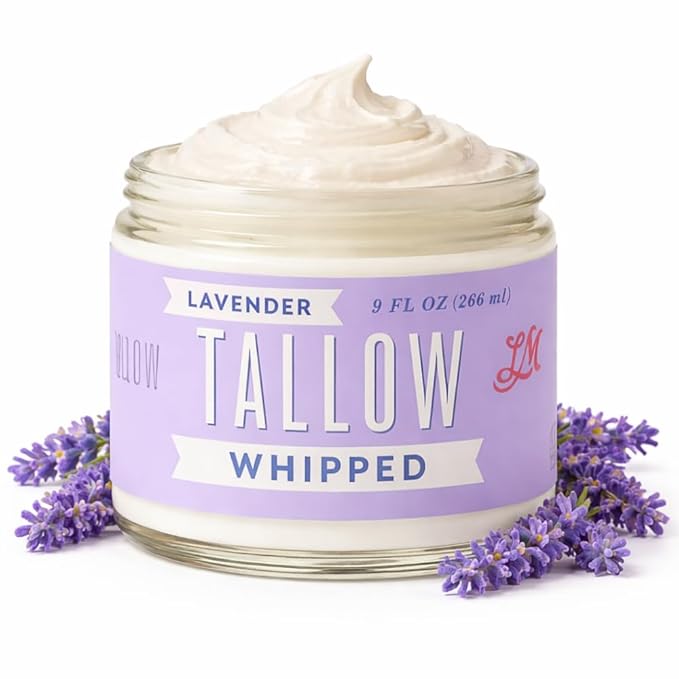 Lady May Tallow Whipped Tallow 9oz - All Natural Face Cream and Whole Body Moisturizer for Dry Skin - Made with Scented Oil Blend - No Preservatives, Parabens or Seed Oils - USA Made (Lavender) Moisturiser