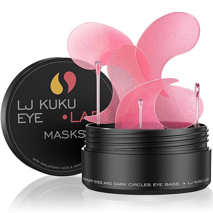 LJ KuKu Lady Under Eye Patches Gold Essence Hydrogel Eye Masks for Puffy Eyes and Dark Circles Caffeine Hyaluronic Acid & Niacinamide Deep Hydrating Eye Mask for Men & Women 60 PCS (Rose-pink) Essence