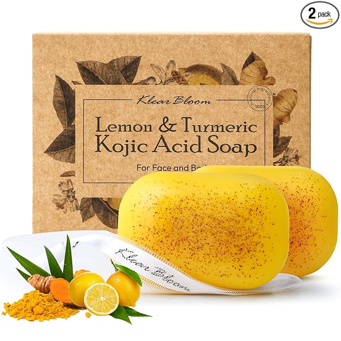 KlearBloom Lemon Turmeric Kojic Acid Soap – Exfoliating Soap with Almond Particles for Dark Spots, Vitamin C and Extra Shea Butter, Gentle Brightening & Moisturizing for Face and Body – 105g x 2 Bars Exfoliator