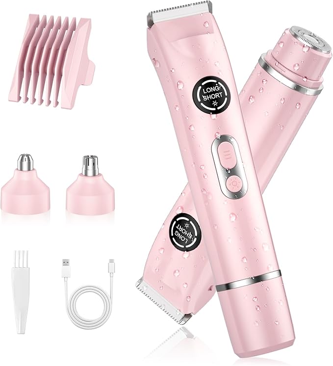 TJJFMM 4-in-1 Bikini Trimmer for Women, Dual Head Electric Razors Shaver | Painless Bikini, Body & Facial Hair Remover | IPX7 Waterproof for Wet/Dry Use | Includes Nose & Eyebrow Trimmer Heads(Pink) skincare