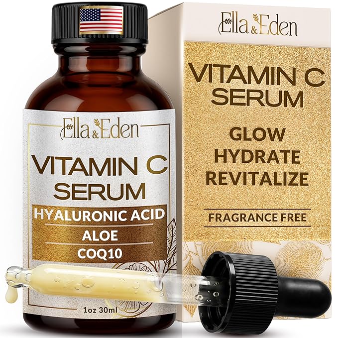 Ella & Eden Ella & Eden Vitamin C Serum for Face - Hyaluronic Acid, Aloe Vera, Vitamin E, CoQ10 - Anti-aging, Skin Brightening - Paraben-Free, Fragrance-Free, Suitable for All Skin Types - 1 Fl Oz Serum