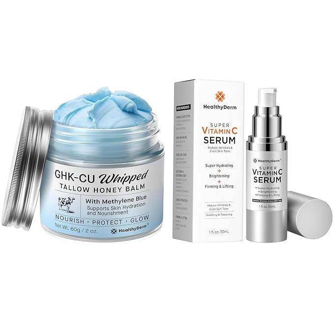 HealthyDerm Copper Peptides Blue Balm Tallow Moisturizer (2 oz) + Super Vitamin C Serum (1 oz) — Even-Looking, Comfortable Skin Routine — For Dry/Mature/Sensitive Skin Serum
