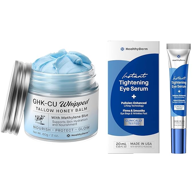 HealthyDerm Instant Under-Eye Serum (20 mL) + Copper Peptides Blue Balm Tallow Moisturizer (2 oz) — Smoother-Looking Under-Eyes & Comfortable Moisture — 2-Item Bundle Serum