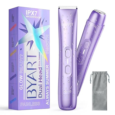 BYART Bikini Trimmer for Women Dual Head – IPX7 Waterproof & Painless Electric Razors for Pubic Hair, Face, Legs, Underarms – Portable Cordless Shaver with Fast Charging, Self Care Gifts for Women skincare