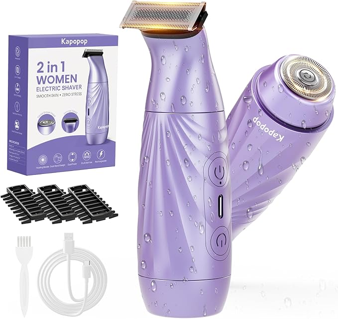 Kapopop Bikini Trimmer for Women, 2-in-1 Electric Razor for Women, Pubic Hair Trimmer & Facial Hair Remover, Waterproof Rechargeable Women