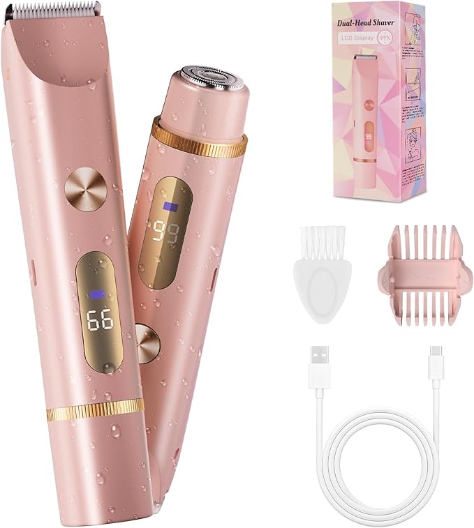 FIONOFY 2-in-1 Bikini Trimmer for Women, Bikini Shaver with Dual Heads, Body and Facial Hair Removal, Cordless Rechargeable Electric Razors for Face Chin Pubic Underarm Legs, IPX7 Waterproof, Pink skincare