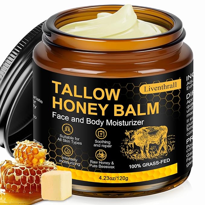 AKIICHI Organic Beef Tallow Honey Balm for Skin & Face, Whipped Beef Tallow Face Moisturizer with Raw Honey, Grass Fed Cow Beef Tallow Cream, All Natural Pure Body Lotion for Women & Men, Unscented 4.2 OZ Moisturiser